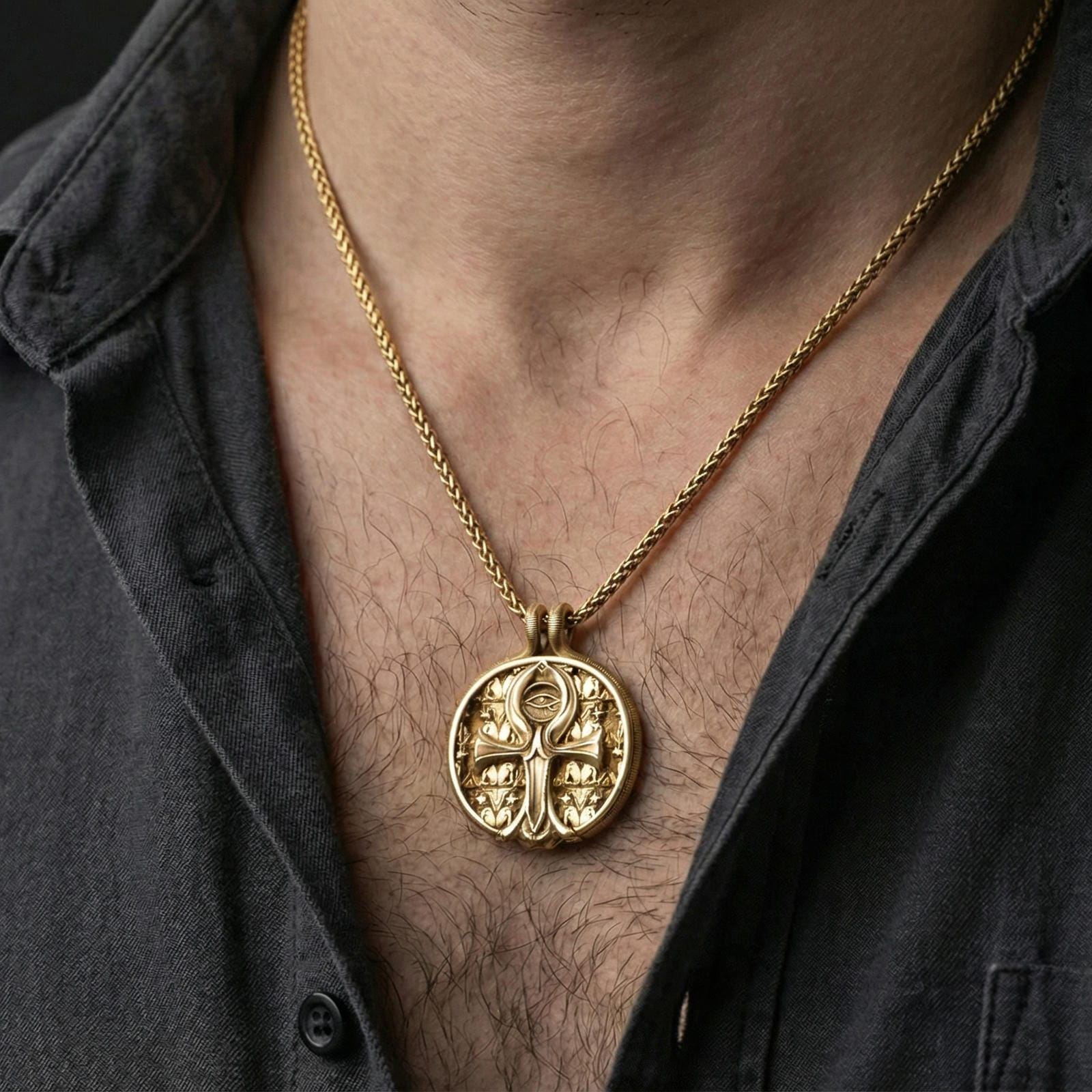 Gold plated ankh necklace worn on neck, Egyptian ankh pendant with Eye of Providence centerpiece and ornate background texture