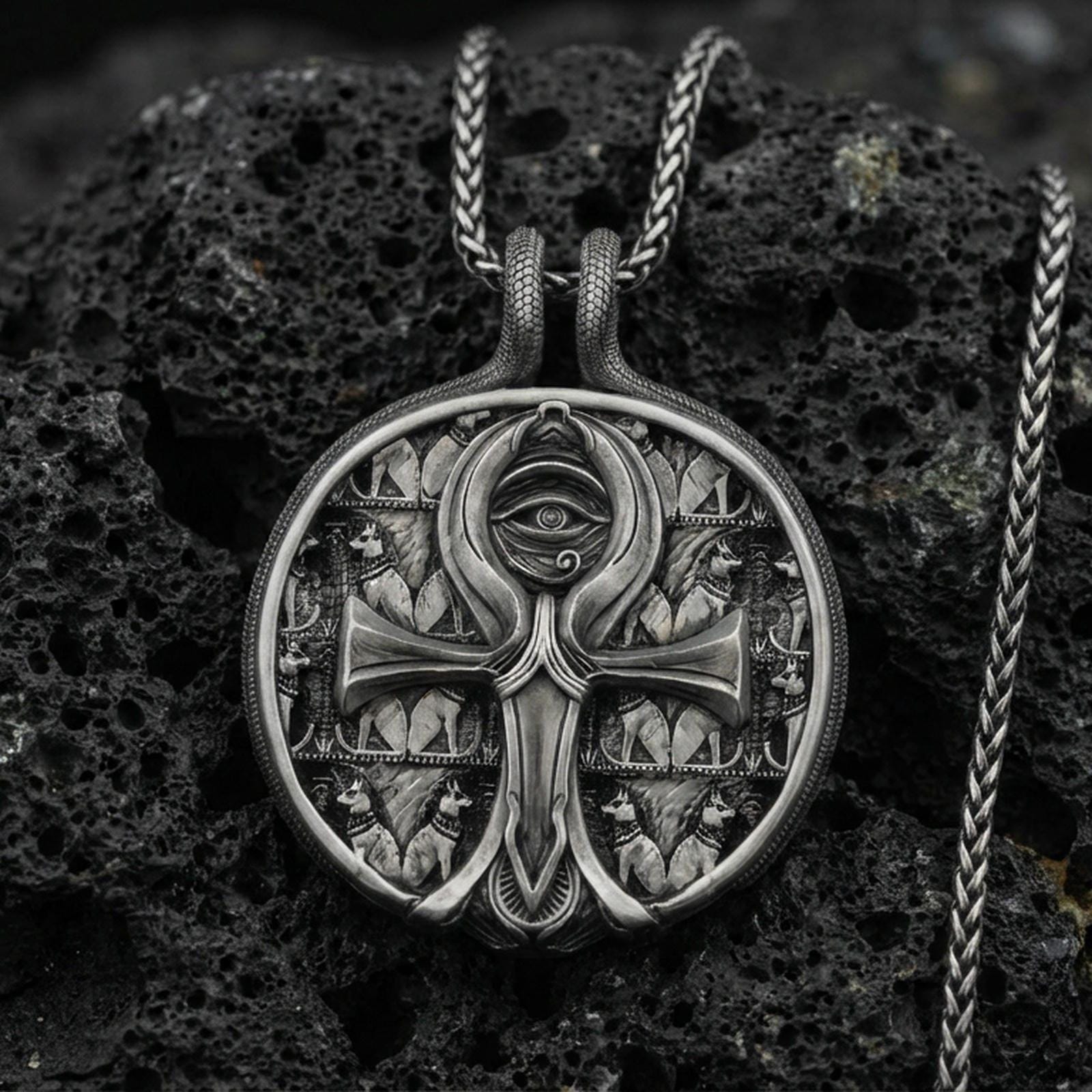 Oxidized 925 sterling silver ankh pendant on volcanic rock, Eye of Providence medallion with Egyptian symbolism and ornate background pattern