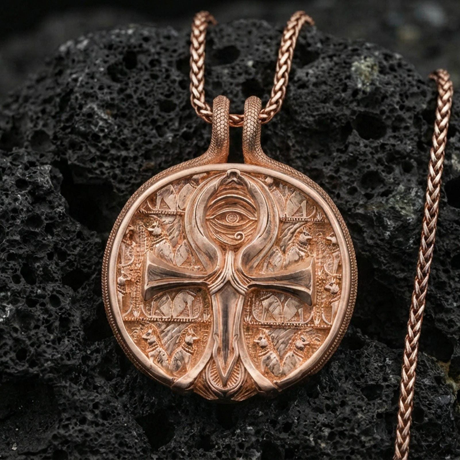 Rose gold plated ankh necklace on dark volcanic stone, Egyptian ankh medallion with Eye symbol centerpiece and intricate patterned backdrop