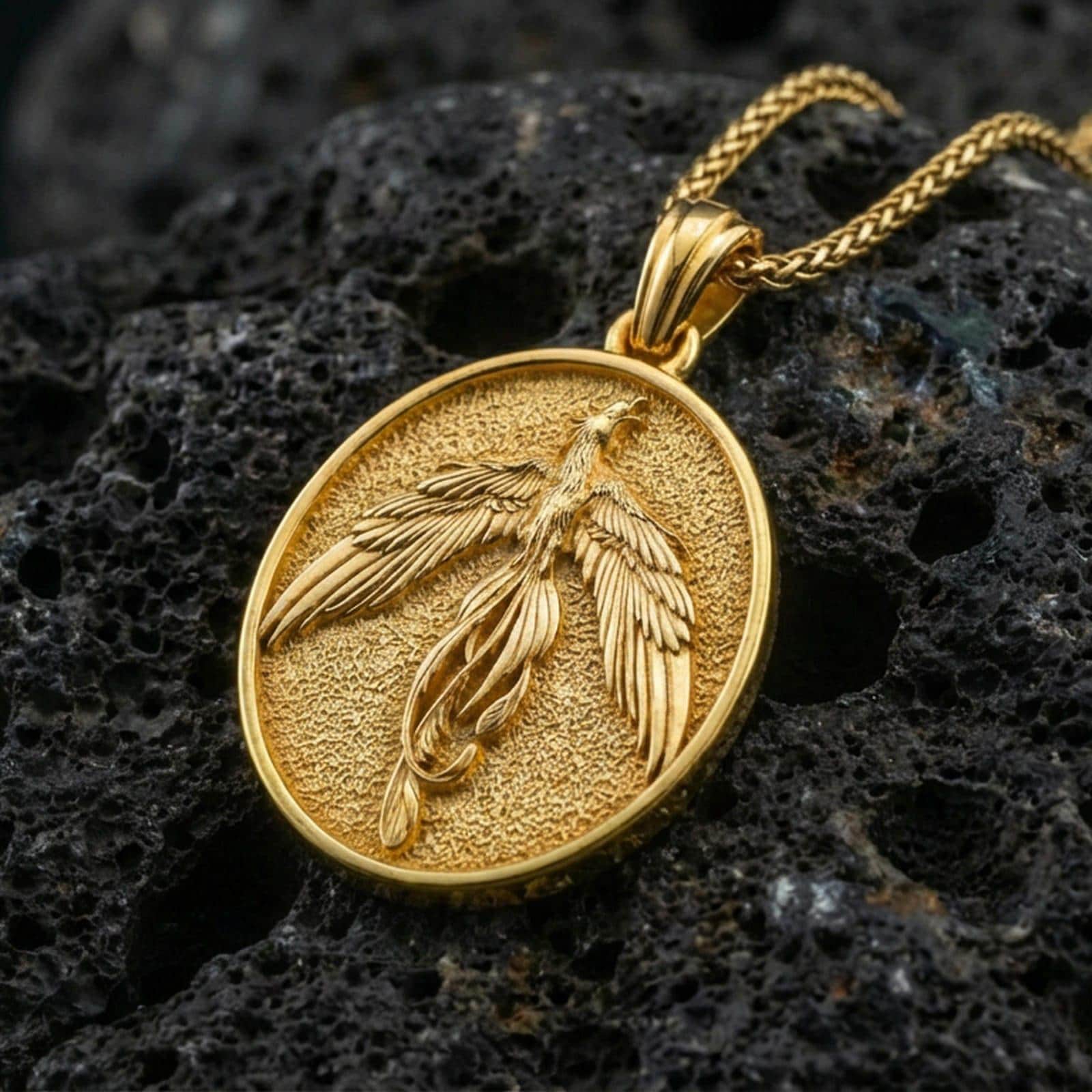 Gold plated phoenix pendant on volcanic rock, rising firebird medallion necklace with premium shine and engraved texture