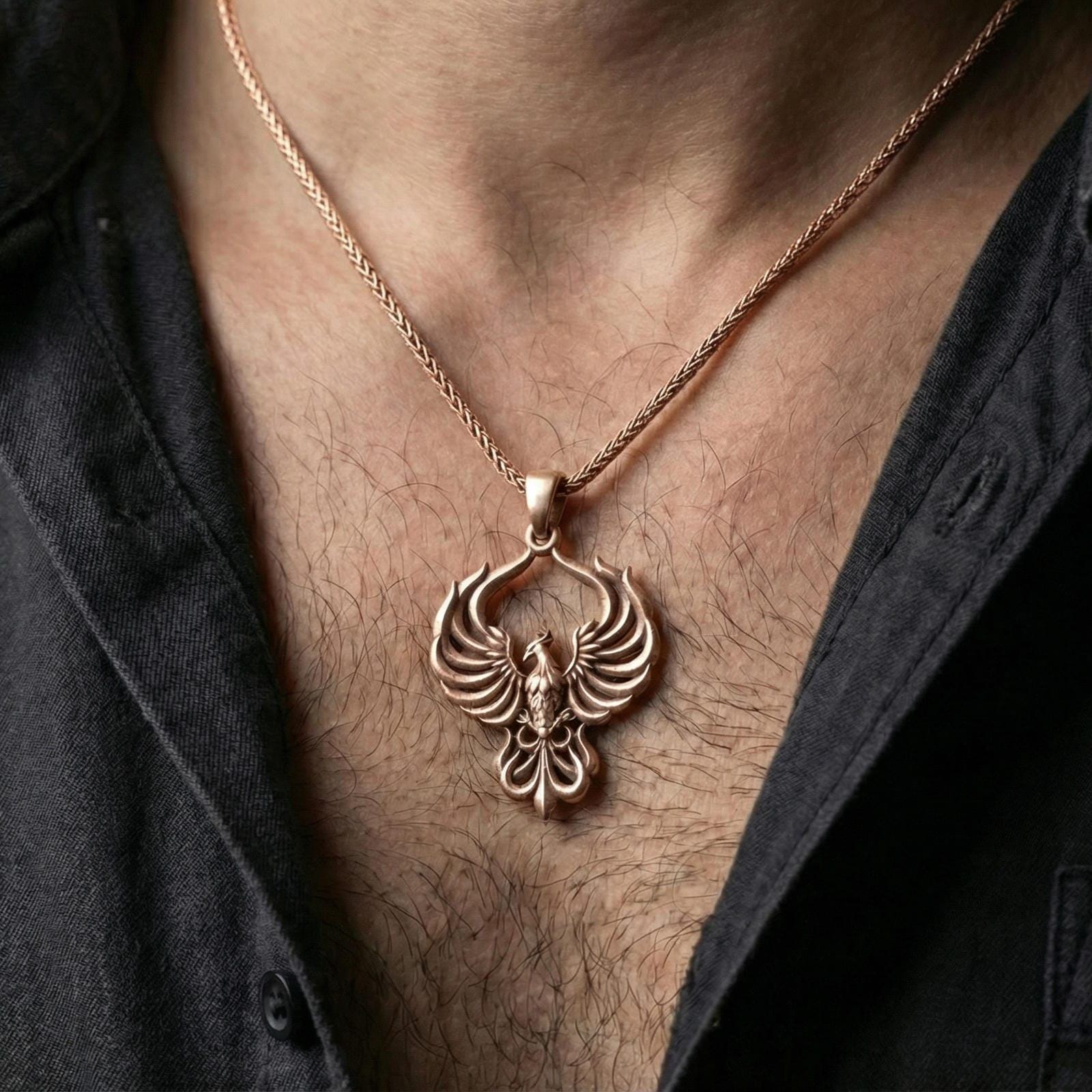 Rose gold plated phoenix necklace worn on neck, elegant phoenix pendant with warm tone and premium detailing