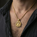 Load image into Gallery viewer, Gold plated yggdrasil pendant worn on neck, norse viking tree of life necklace with bold shine and texture

