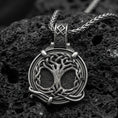 Load image into Gallery viewer, Oxidized 925 sterling silver yggdrasil tree of life pendant on volcanic rock, norse viking knotwork medallion necklace
