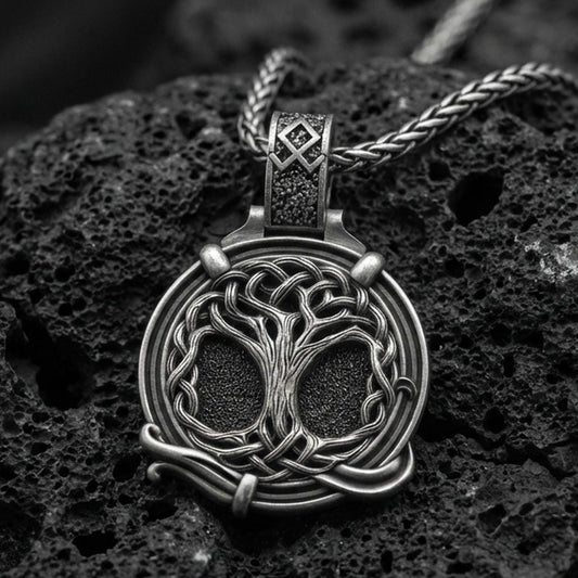 Oxidized 925 sterling silver yggdrasil tree of life pendant on volcanic rock, norse viking knotwork medallion necklace