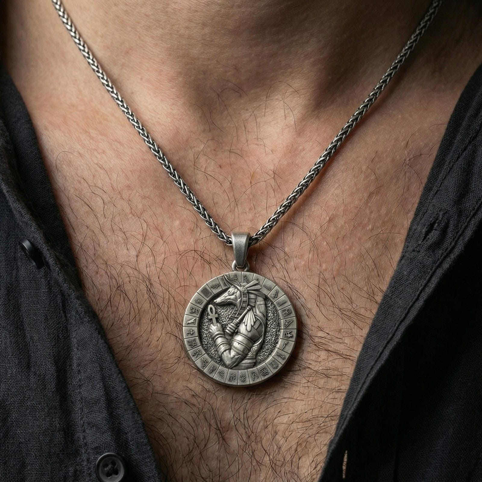 Oxidized 925 sterling silver Anubis pendant worn on neck, Egyptian jackal god medallion necklace bold statement