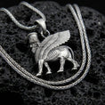 Load image into Gallery viewer, Oxidized 925 sterling silver lamassu pendant on volcanic rock, Assyrian winged bull guardian necklace with braided chain
