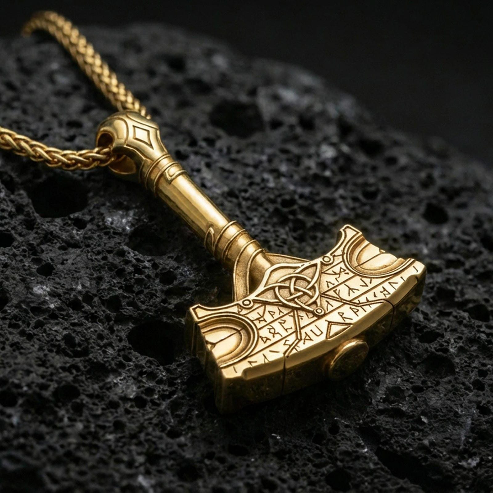 Gold plated Mjolnir pendant on volcanic rock, Viking Thor hammer amulet necklace with rune pattern and bold relief