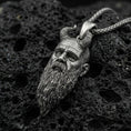 Load image into Gallery viewer, Oxidized 925 sterling silver Mimir head pendant on volcanic rock, Norse mythology Viking beard talisman necklace
