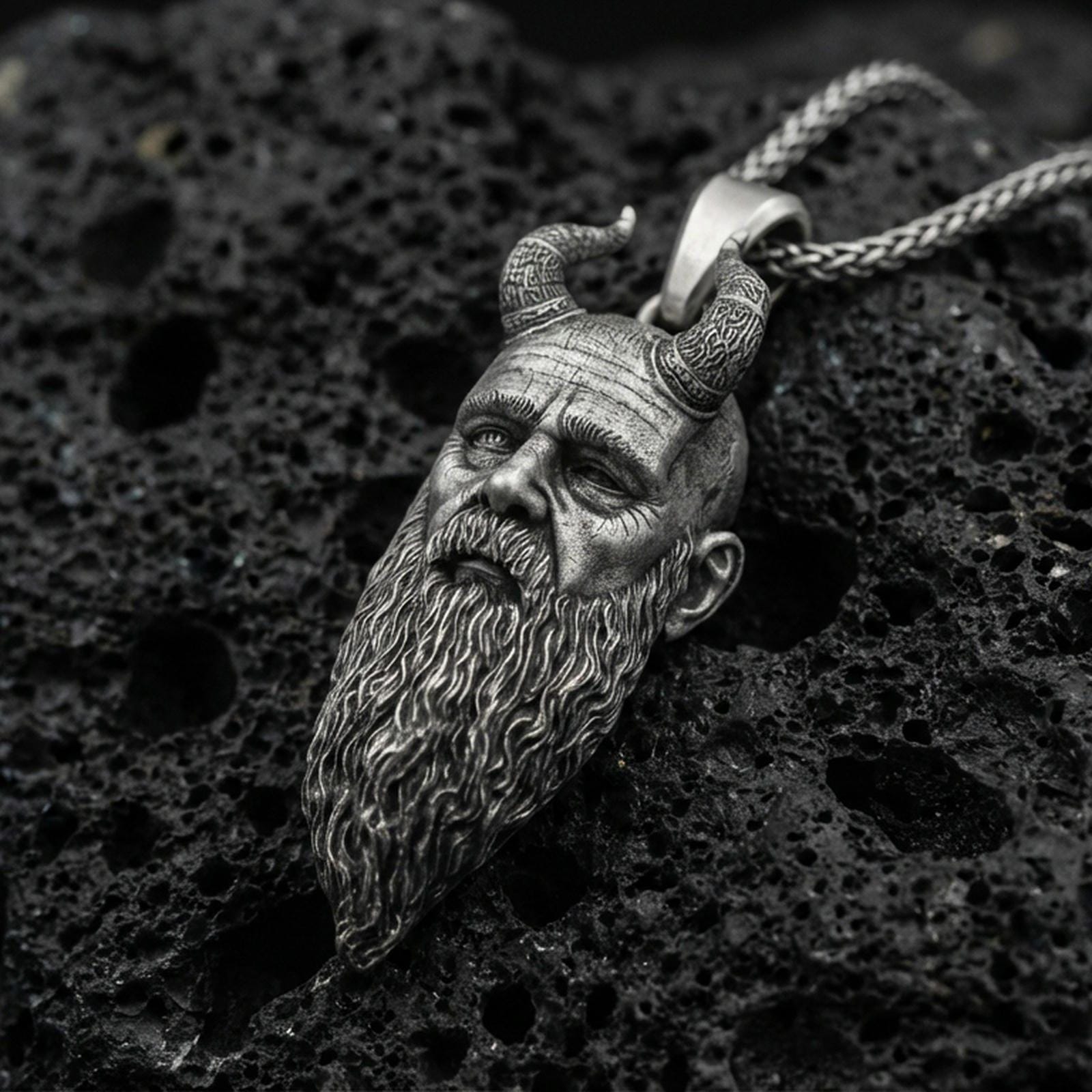 Oxidized 925 sterling silver Mimir head pendant on volcanic rock, Norse mythology Viking beard talisman necklace