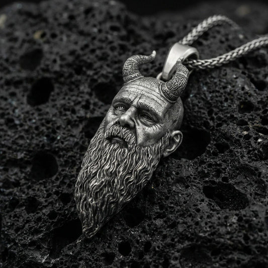 Oxidized 925 sterling silver Mimir head pendant on volcanic rock, Norse mythology Viking beard talisman necklace