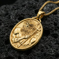 Load image into Gallery viewer, Gold plated Poseidon pendant on volcanic rock, Greek sea god trident necklace with braided chain and premium texture
