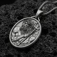 Load image into Gallery viewer, Oxidized 925 sterling silver Poseidon pendant on volcanic rock, Greek god trident necklace with bold relief detail
