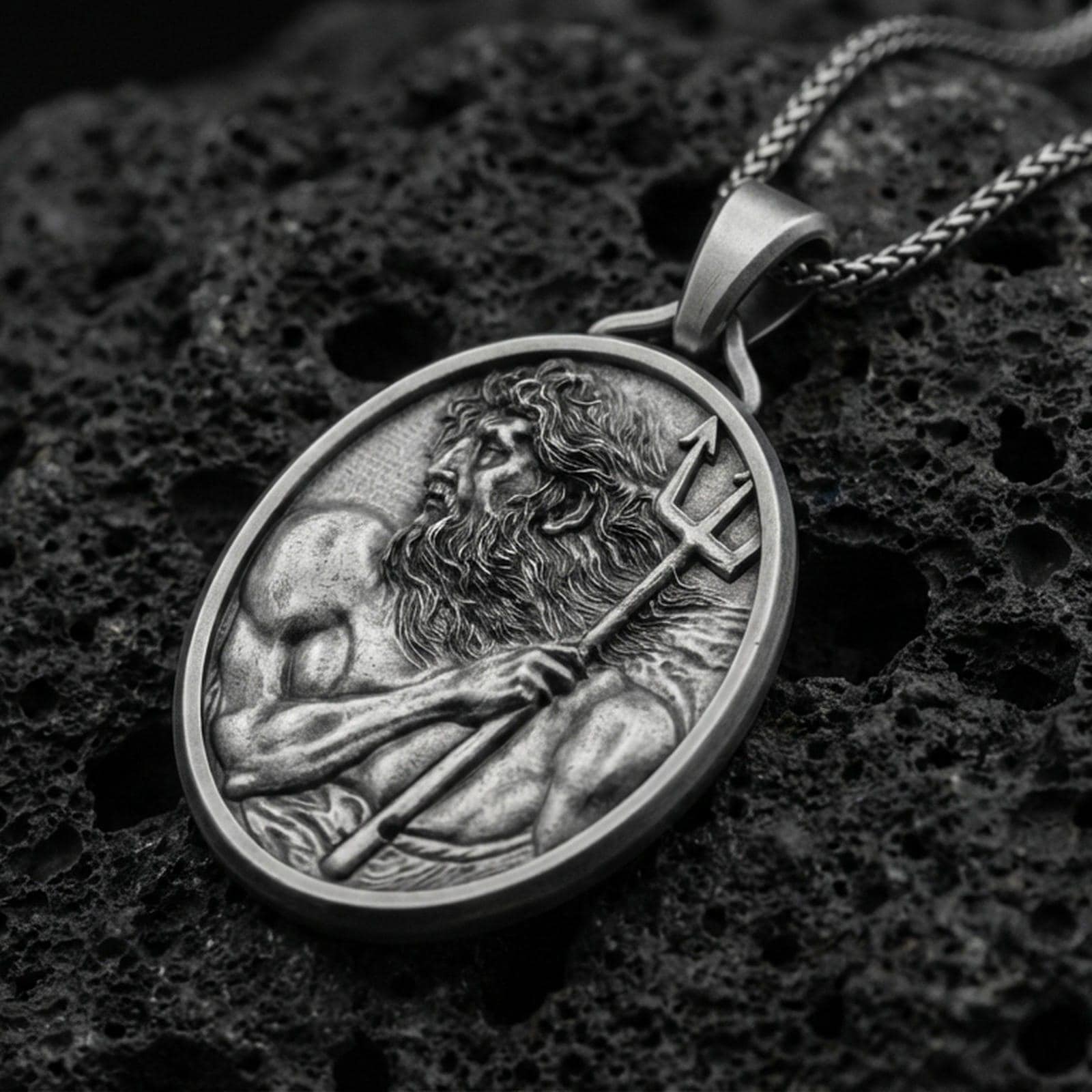Oxidized 925 sterling silver Poseidon pendant on volcanic rock, Greek god trident necklace with bold relief detail
