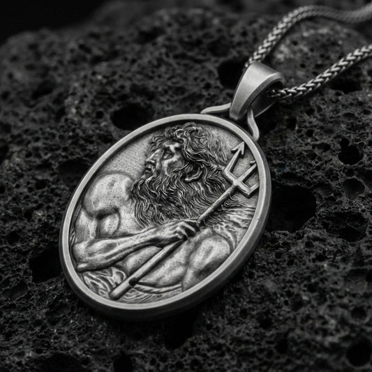 Oxidized 925 sterling silver Poseidon pendant on volcanic rock, Greek god trident necklace with bold relief detail