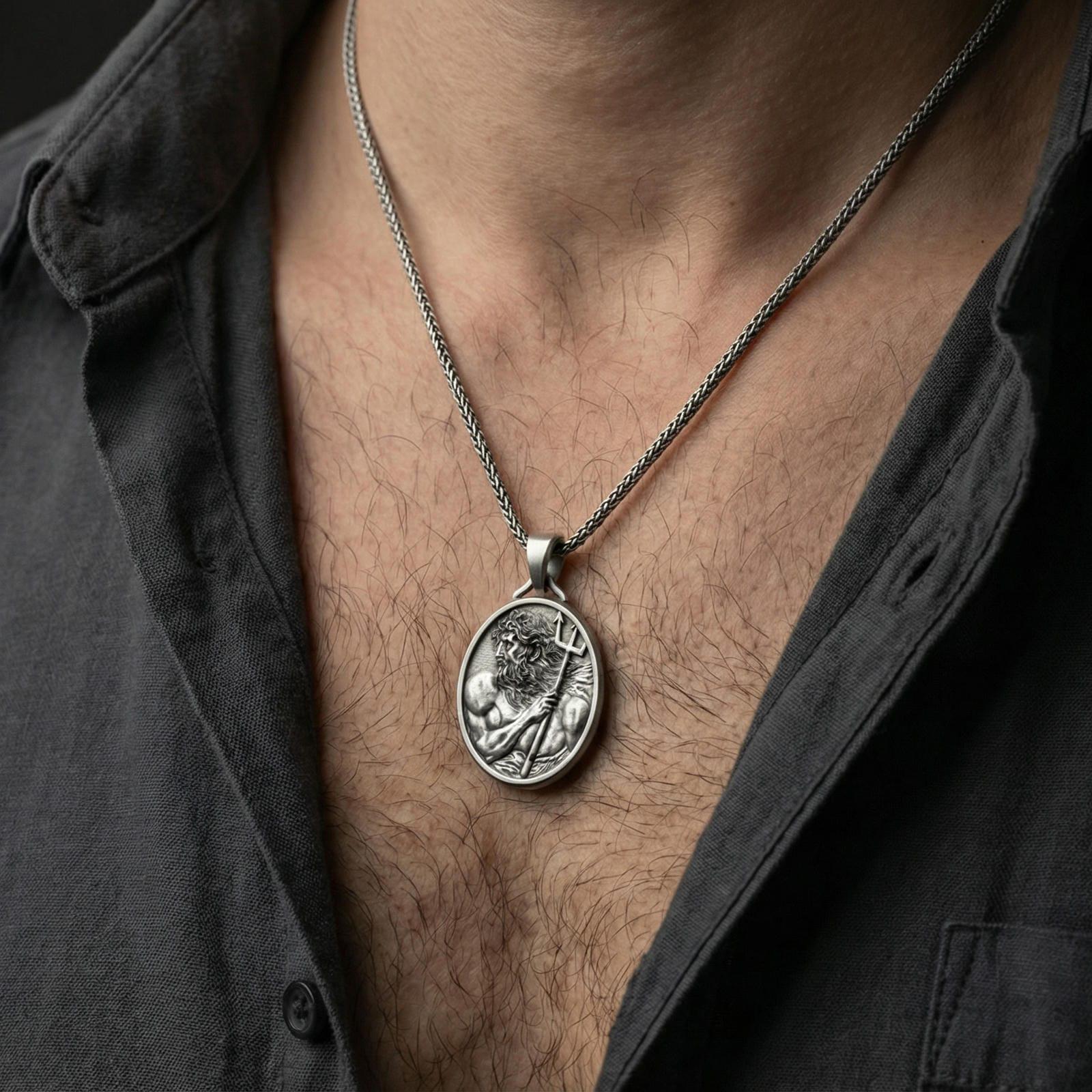 Oxidized 925 sterling silver Poseidon pendant worn on neck, Greek mythology trident necklace for ocean power symbolism