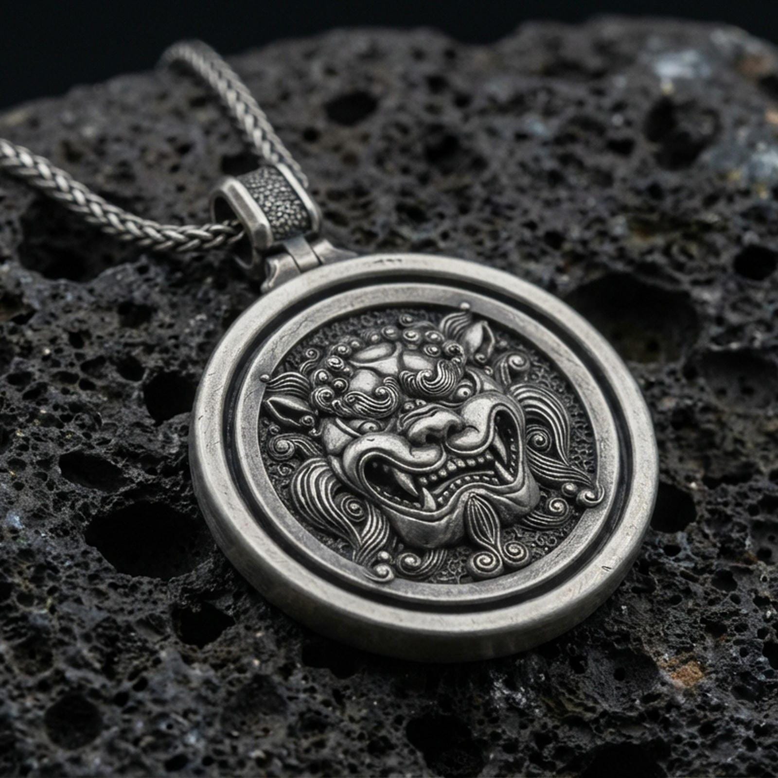 Oxidized sterling silver guardian lion medallion pendant on volcanic rock, rotating disk design, macro product shot