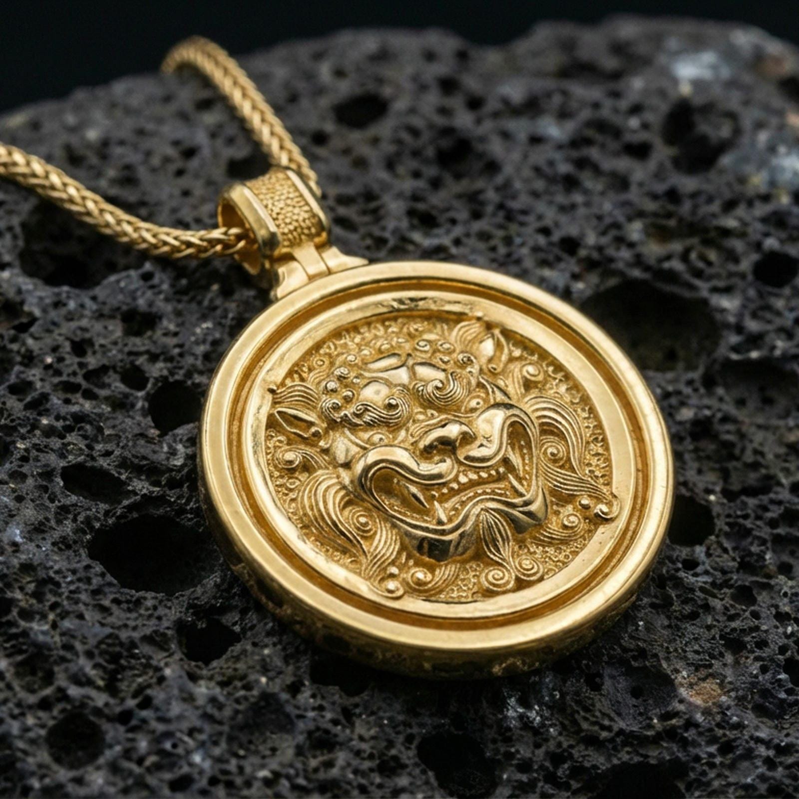 Gold plated guardian lion rotating medallion pendant on volcanic rock, premium studio lighting, ornate Asian myth motif