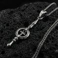 Load image into Gallery viewer, Oxidized sterling silver ankh spear pendant on volcanic rock, ancient Egyptian symbol detail, macro studio shot
