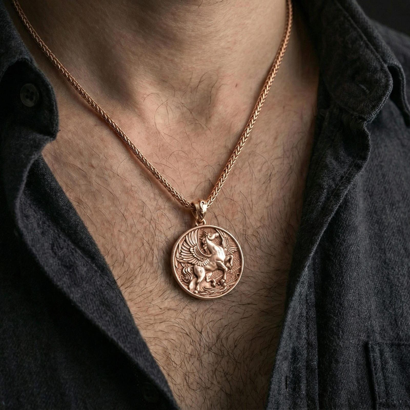 Rose gold plated winged Pegasus pendant necklace worn on neck, lifestyle wear shot, warm plating tone and sculpted depth