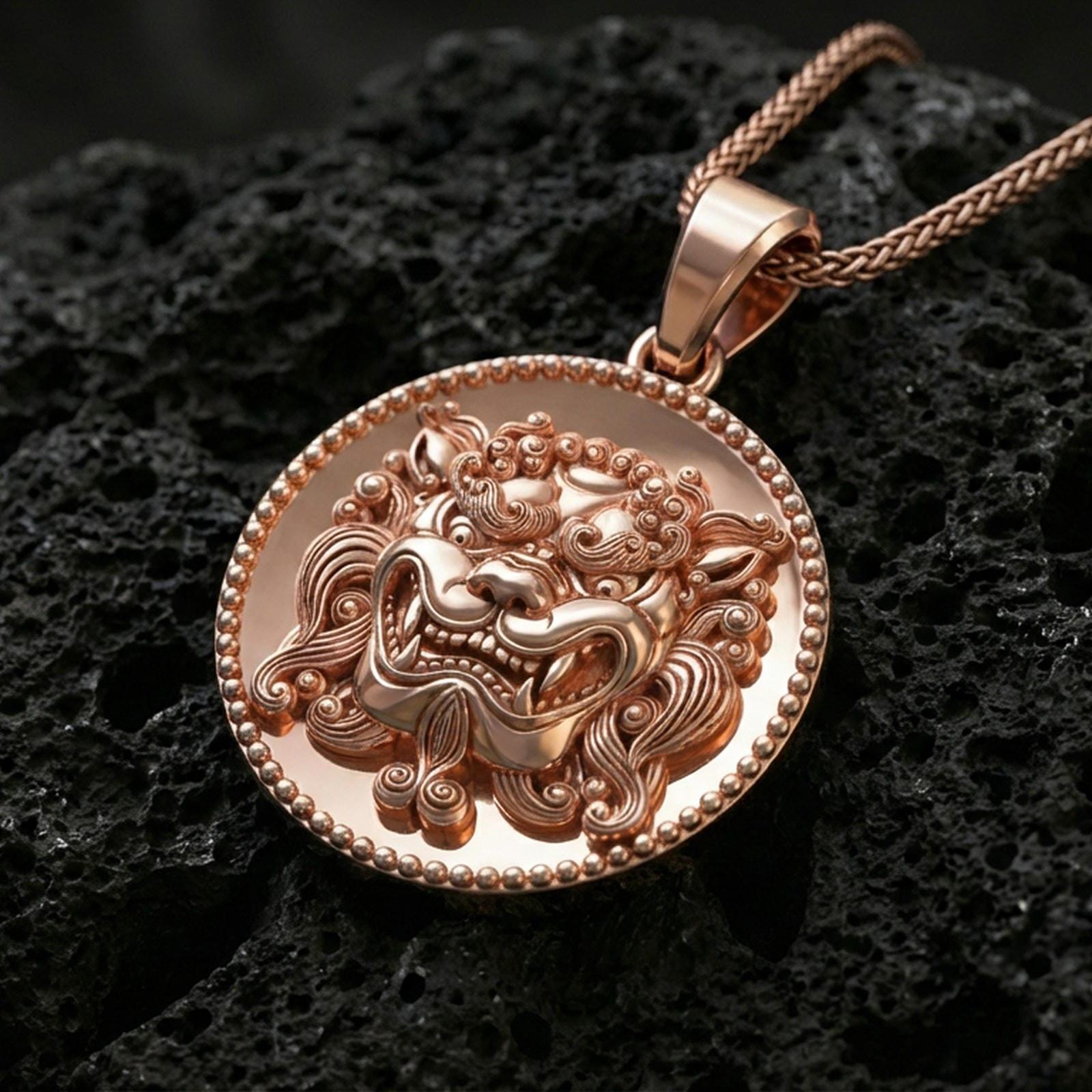 Rose gold plated guardian lion medallion pendant on volcanic rock, textured lava stone background, high-relief facial detail