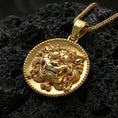 Load image into Gallery viewer, Gold plated guardian lion medallion pendant on volcanic rock, premium studio lighting, ornate Asian myth motif
