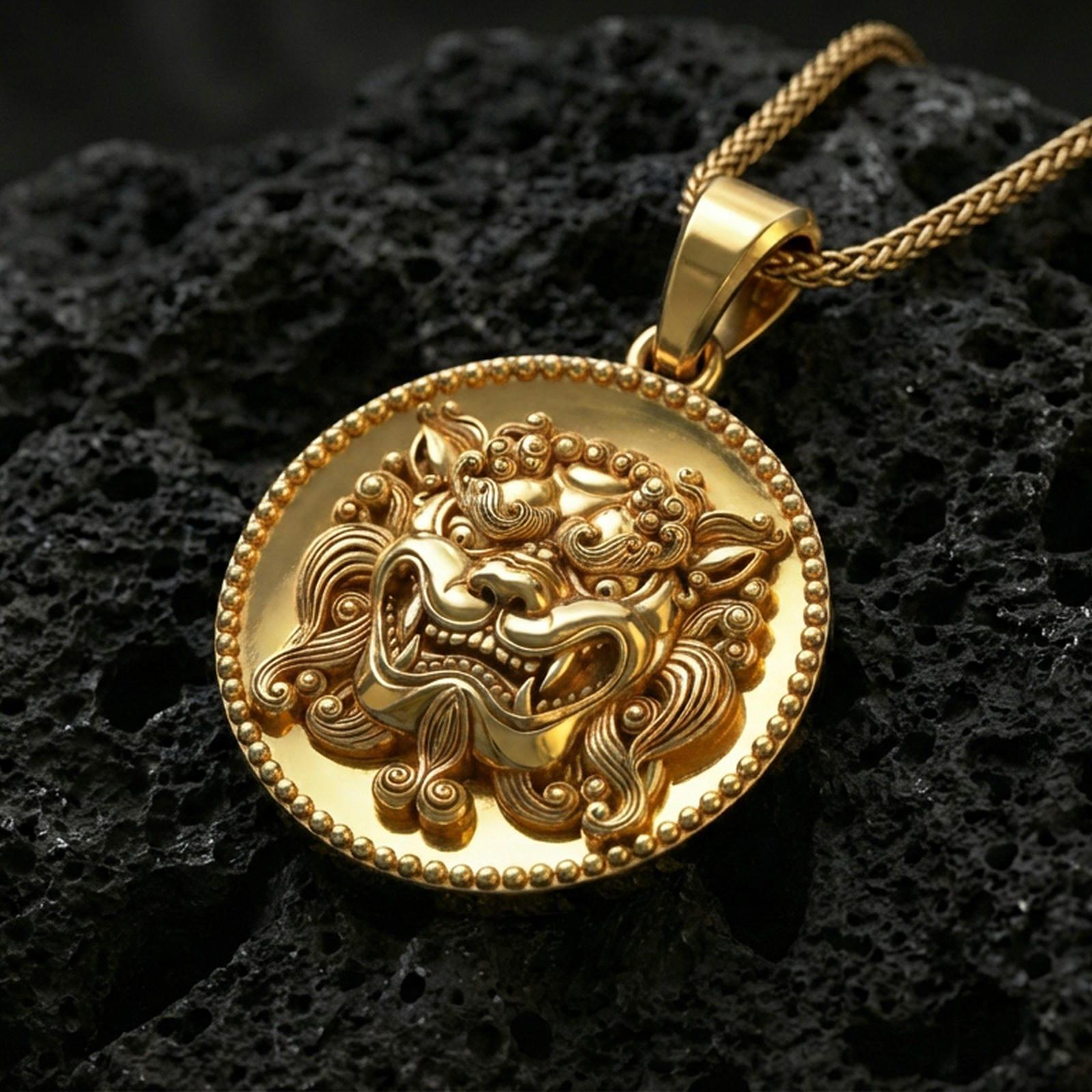 Gold plated guardian lion medallion pendant on volcanic rock, premium studio lighting, ornate Asian myth motif