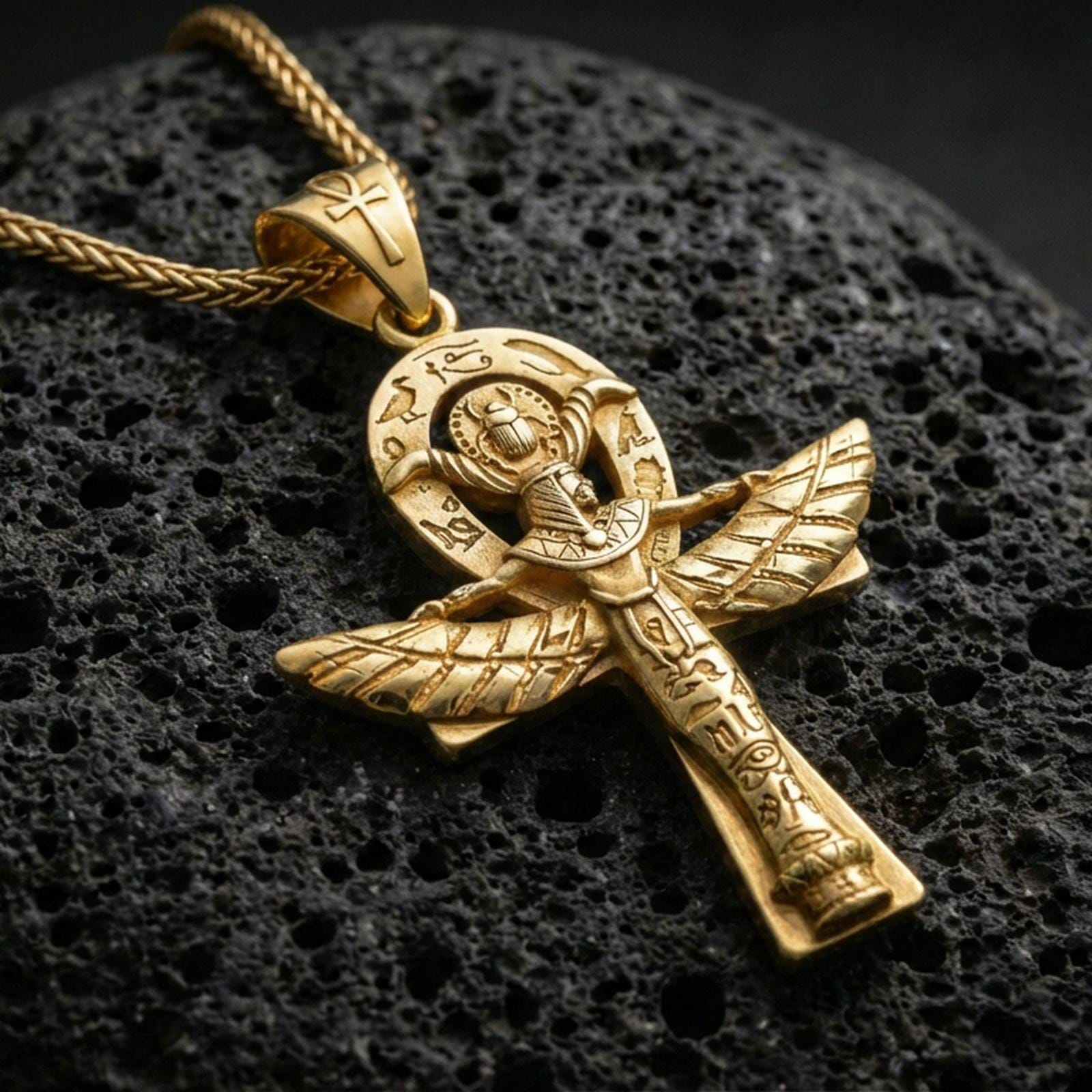 Gold plated Egyptian winged ankh cross pendant on volcanic rock, premium studio scene, hieroglyph talisman design