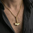 Load image into Gallery viewer, Gold plated Mjolnir pendant necklace worn on neck, premium styling, Viking talisman as focal point
