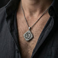 Load image into Gallery viewer, Oxidized koi fish pendant necklace worn on neck, lifestyle close-up, pendant centered with braided chain

