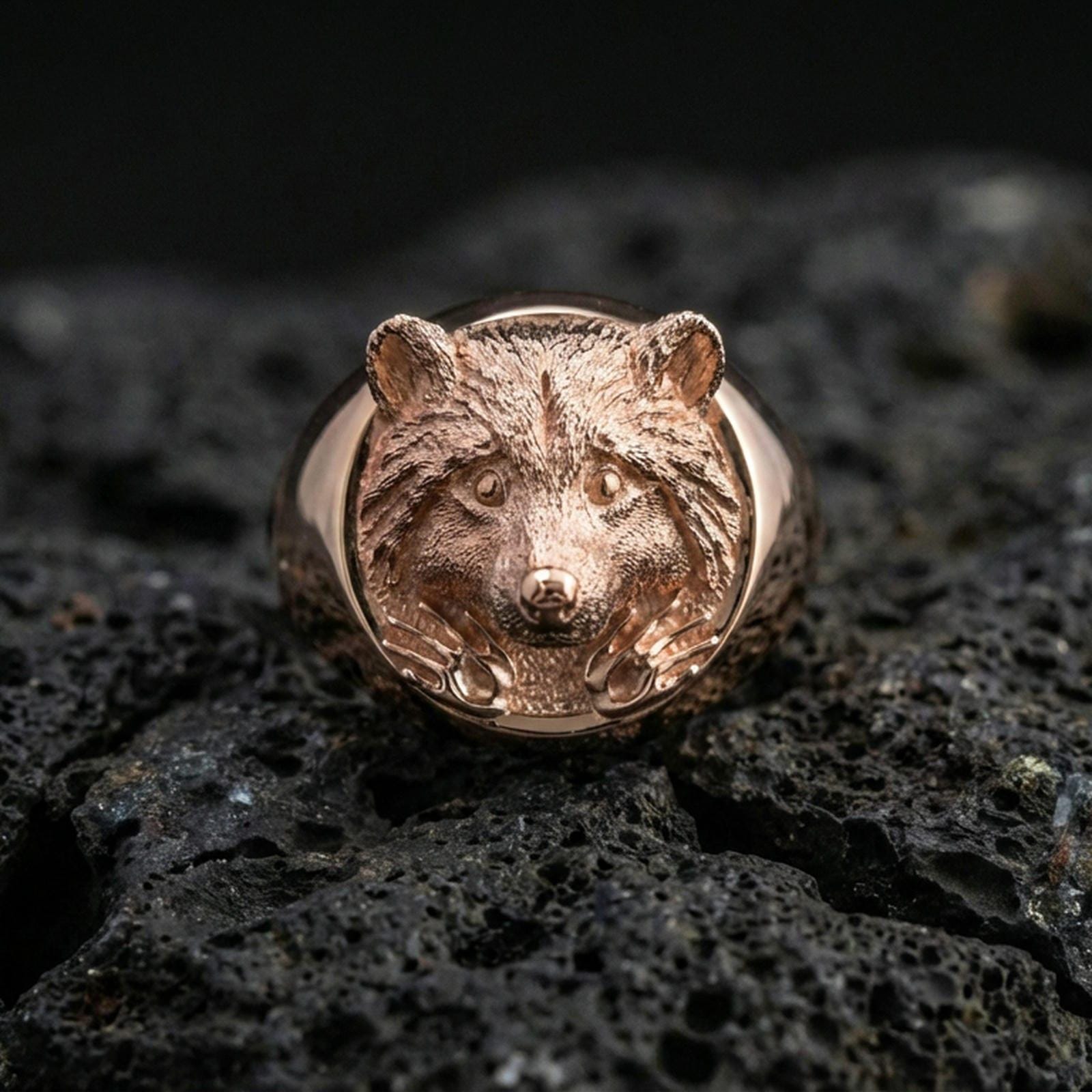 Rose gold plated raccoon signet ring on volcanic rock, textured lava stone background, detailed face and paw engraving