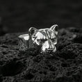 Load image into Gallery viewer, Polished silver puma head ring on volcanic rock, glossy feline muzzle and sculpted ear contours, studio close-up

