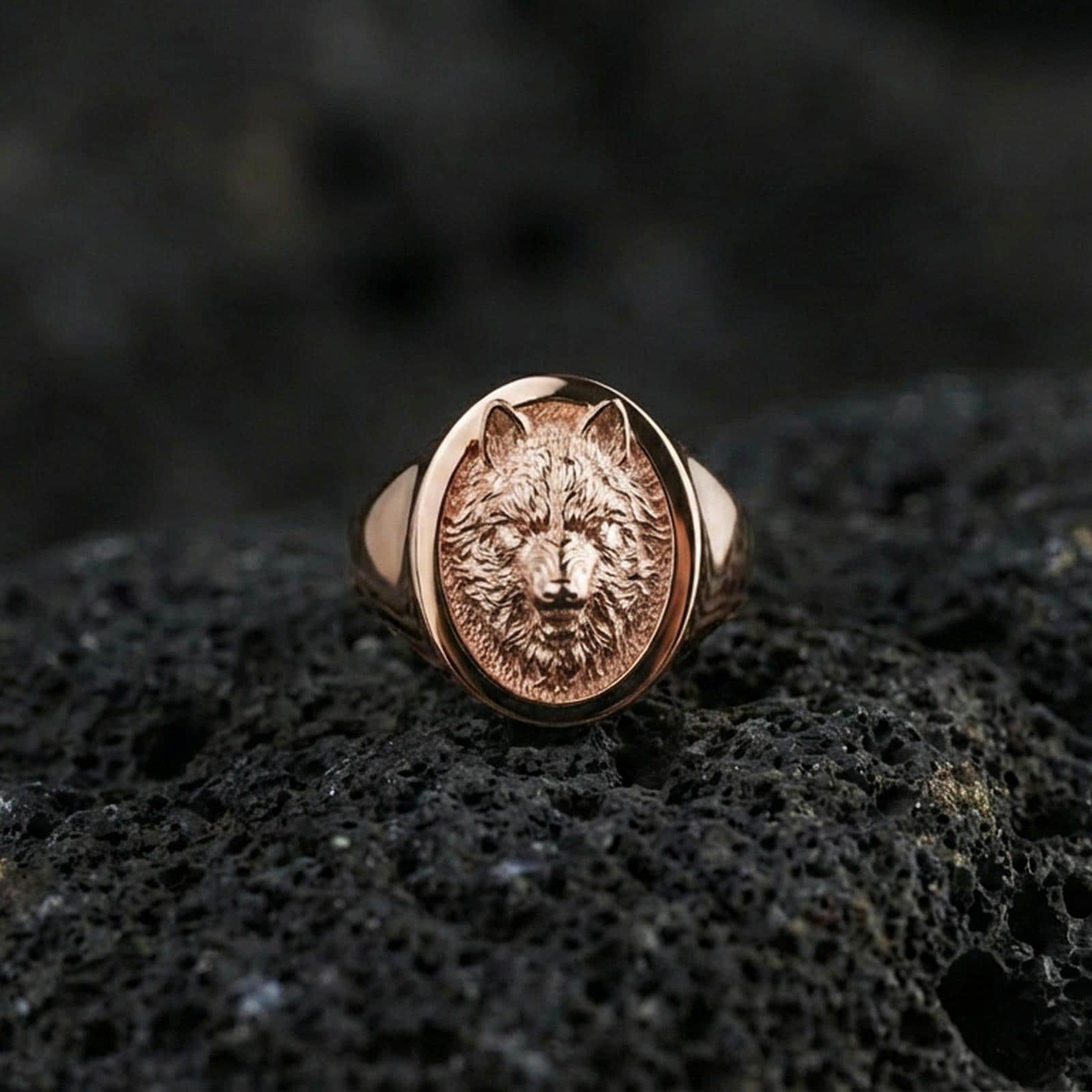 Rose gold plated wolf signet ring on volcanic rock, oval wolf crest signet with defined muzzle and layered fur carving, luxury product photo