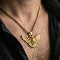 Load image into Gallery viewer, Gold plated owl necklace pendant worn on neck, close-up lifestyle shot, luxury lighting and sharp metal shine
