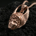 Load image into Gallery viewer, Rose gold plated Hermes jewelry pendant on volcanic rock, premium macro product photo, sharp facial features and wing texture
