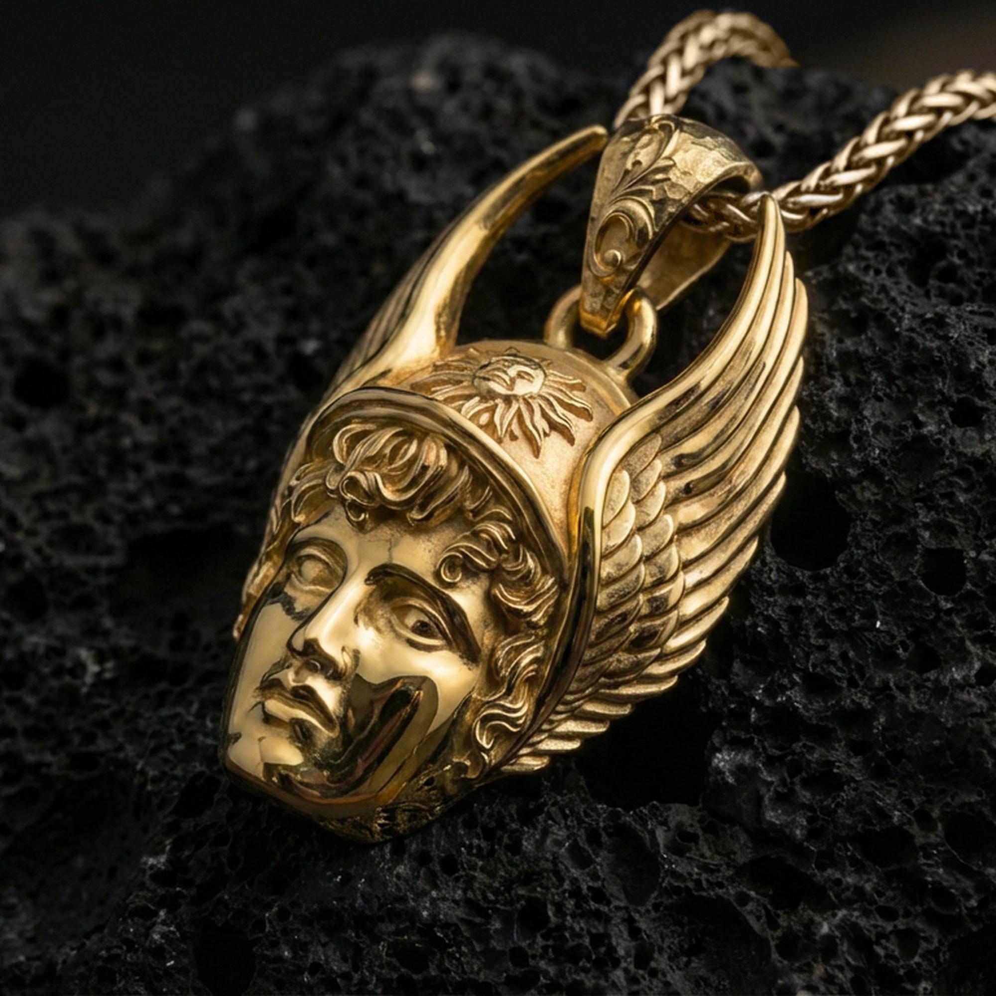 Gold plated Hermes pendant displayed on porous volcanic rock surface, close-up studio composition, detailed winged helmet and bail