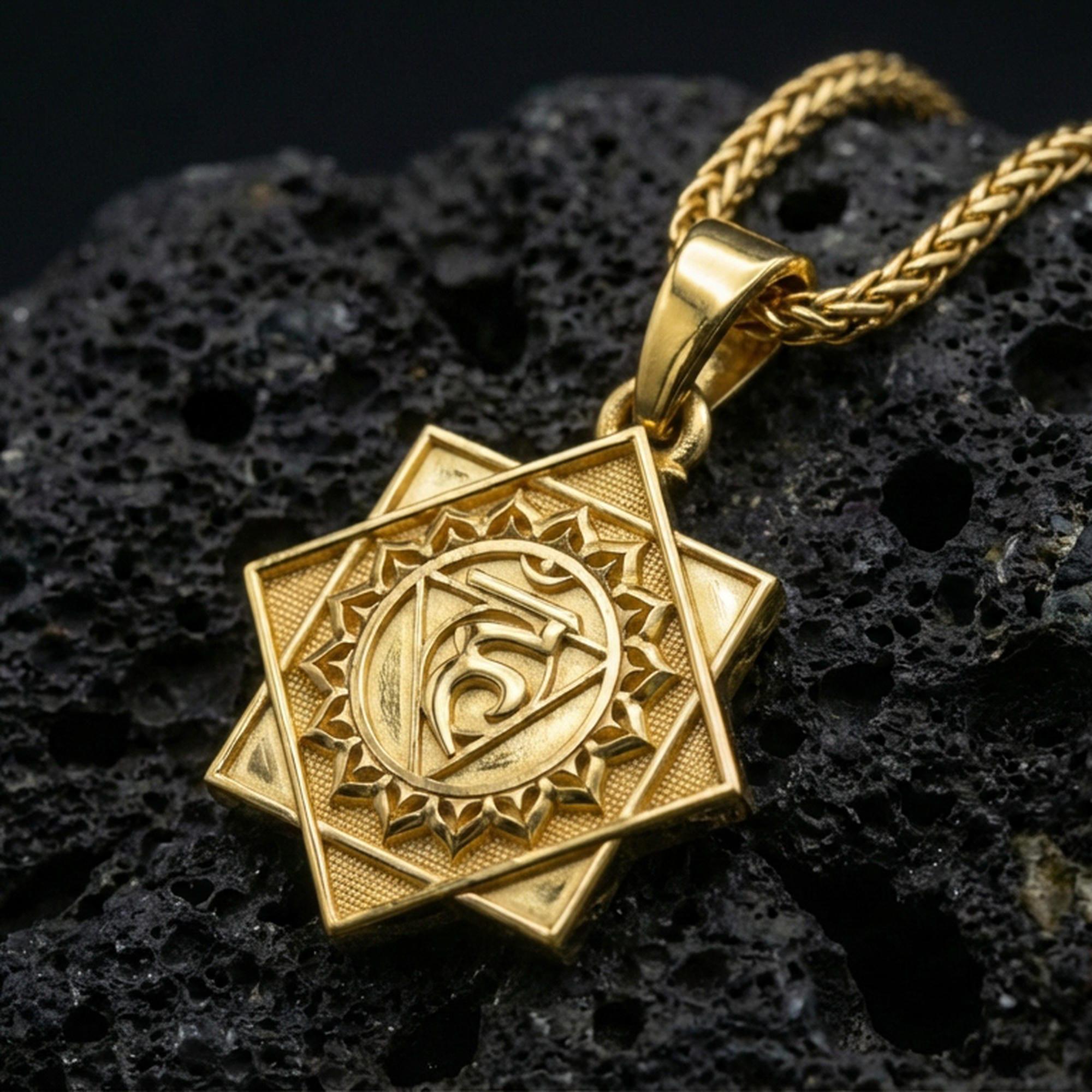 Gold plated Throat Chakra pendant displayed on porous volcanic rock surface, close-up studio composition, sharp mandala and symbol