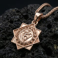 Load image into Gallery viewer, Rose gold plated Vishuddha chakra jewelry pendant on volcanic rock, premium macro product photo, detailed chakra emblem and bail
