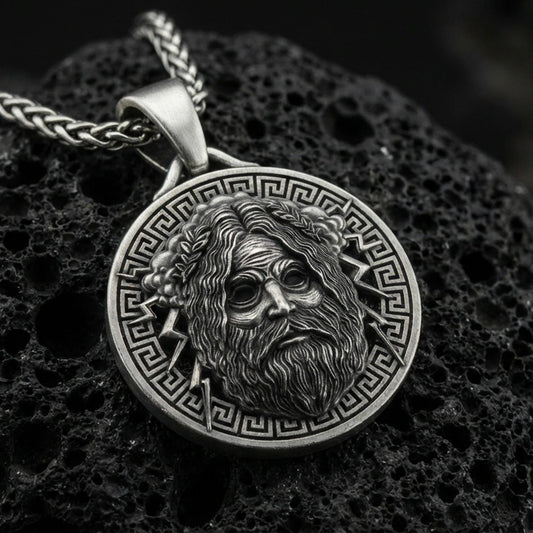 Oxidized Zeus pendant on textured volcanic rock, macro close-up, Greek mythology medallion with lightning detail, premium studio lighting