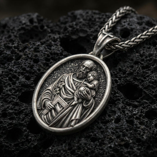 Oxidized Saint Joseph medal pendant on textured volcanic rock, macro close-up, Christian relief with child detail, premium studio lighting