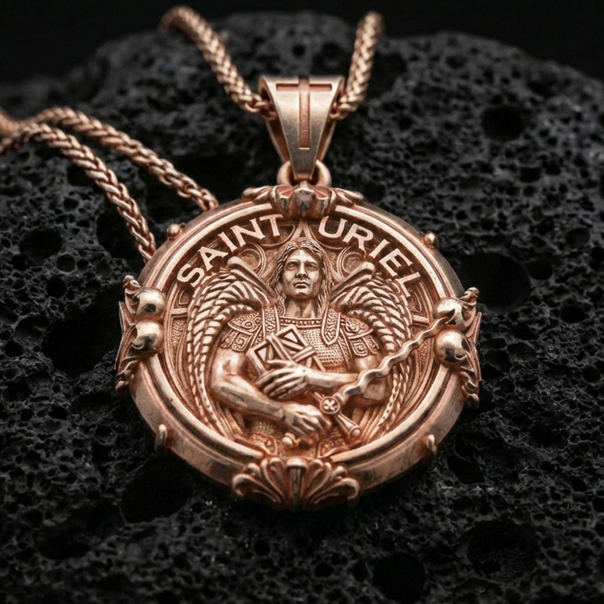 Rose gold plated Saint Uriel angel pendant on volcanic rock, premium macro product photo, sharp relief and decorative border