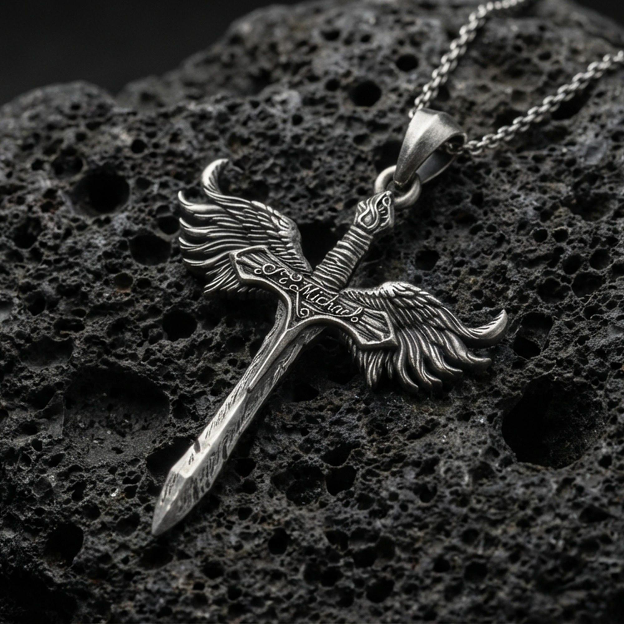 Oxidized Archangel Michael sword pendant on textured volcanic rock, macro close-up, winged crossguard detail, premium studio lighting