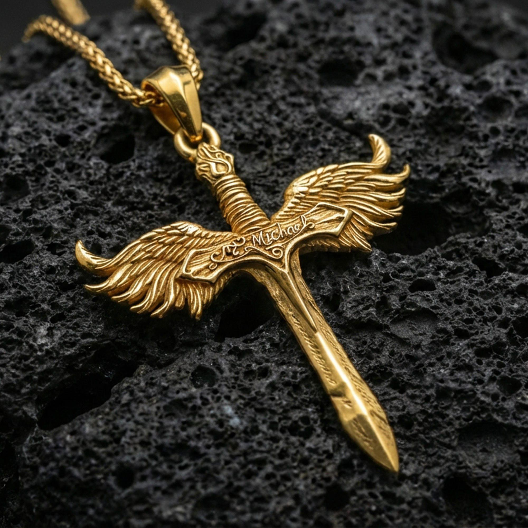 Gold plated Archangel Michael sword pendant displayed on porous volcanic rock surface, close-up studio composition, detailed wings and hilt engraving