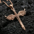 Load image into Gallery viewer, Rose gold plated Archangel Michael winged sword pendant on volcanic rock, premium macro product photo, sharp blade profile and feather texture
