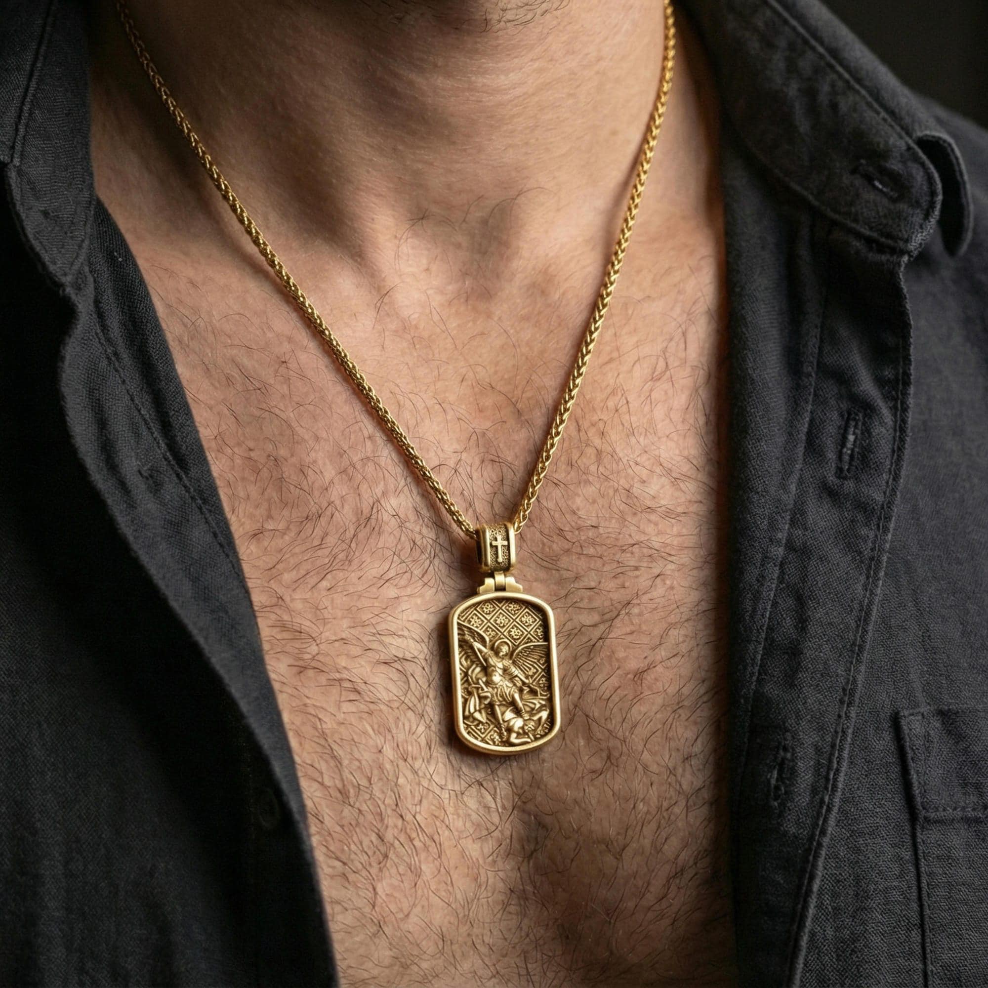 Gold plated Archangel Michael dog tag necklace pendant worn on neck, close-up lifestyle shot, luxury lighting with refined metallic highlights