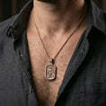 Load image into Gallery viewer, Rose gold plated Saint Roch dogtag pendant necklace worn on neck, lifestyle composition with dark clothing, crisp dog tag silhouette
