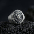 Load image into Gallery viewer, 925 sterling silver lion head signet ring on volcanic stone, oxidized finish with deep relief mane details

