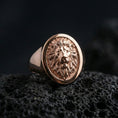 Load image into Gallery viewer, 925 sterling silver lion head signet ring on volcanic stone, rose gold plated finish with detailed mane and antique style contrast

