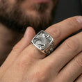 Load image into Gallery viewer, 925 sterling silver crane signet ring worn on a finger, polished silver finish with bright highlights and crisp rectangular silhouette
