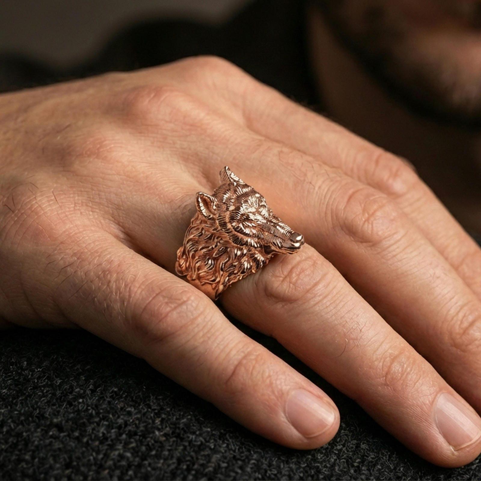 Rose Gold plated wolf head ring worn on finger, bold wolf jewelry for men modern style