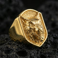 Load image into Gallery viewer, Gold plated wolf head ring on volcanic stone, bold statement animal ring closeup photo
